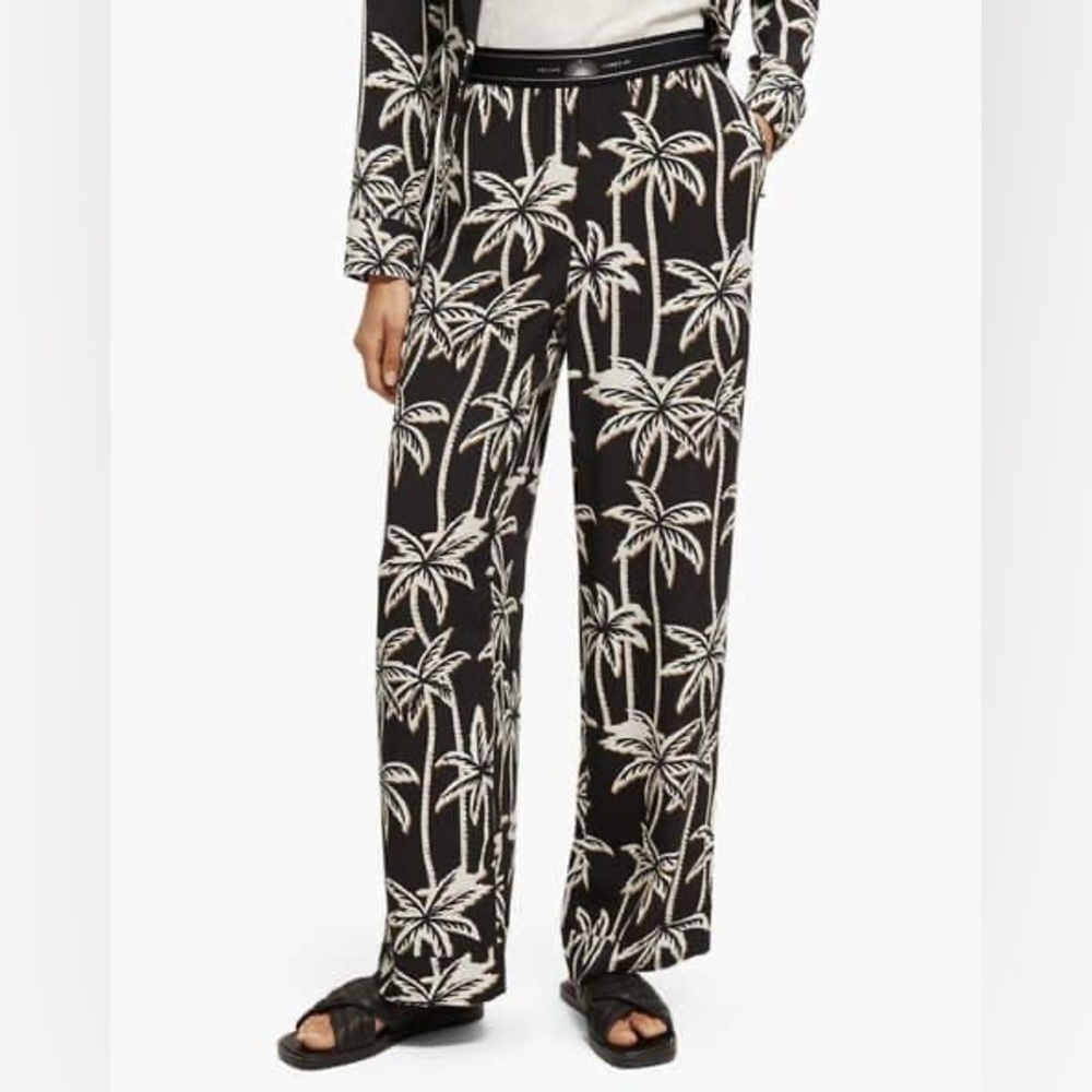 Scotch & Soda | NWT Black Palm-Print Wide-Leg Pants Size Medium